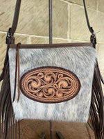 Load image into Gallery viewer, RUSTIC BLOOM CROSSBODY FRINGE BAG - Cowhide &amp; Scrolls
