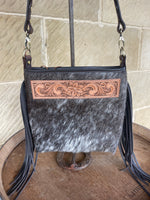 Load image into Gallery viewer, Cowhide crossbody fringe bag with unique floral carving
