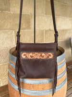 Load image into Gallery viewer, RUSTIC BLOOM CROSSBODY FRINGE BAG with unique floral carving
