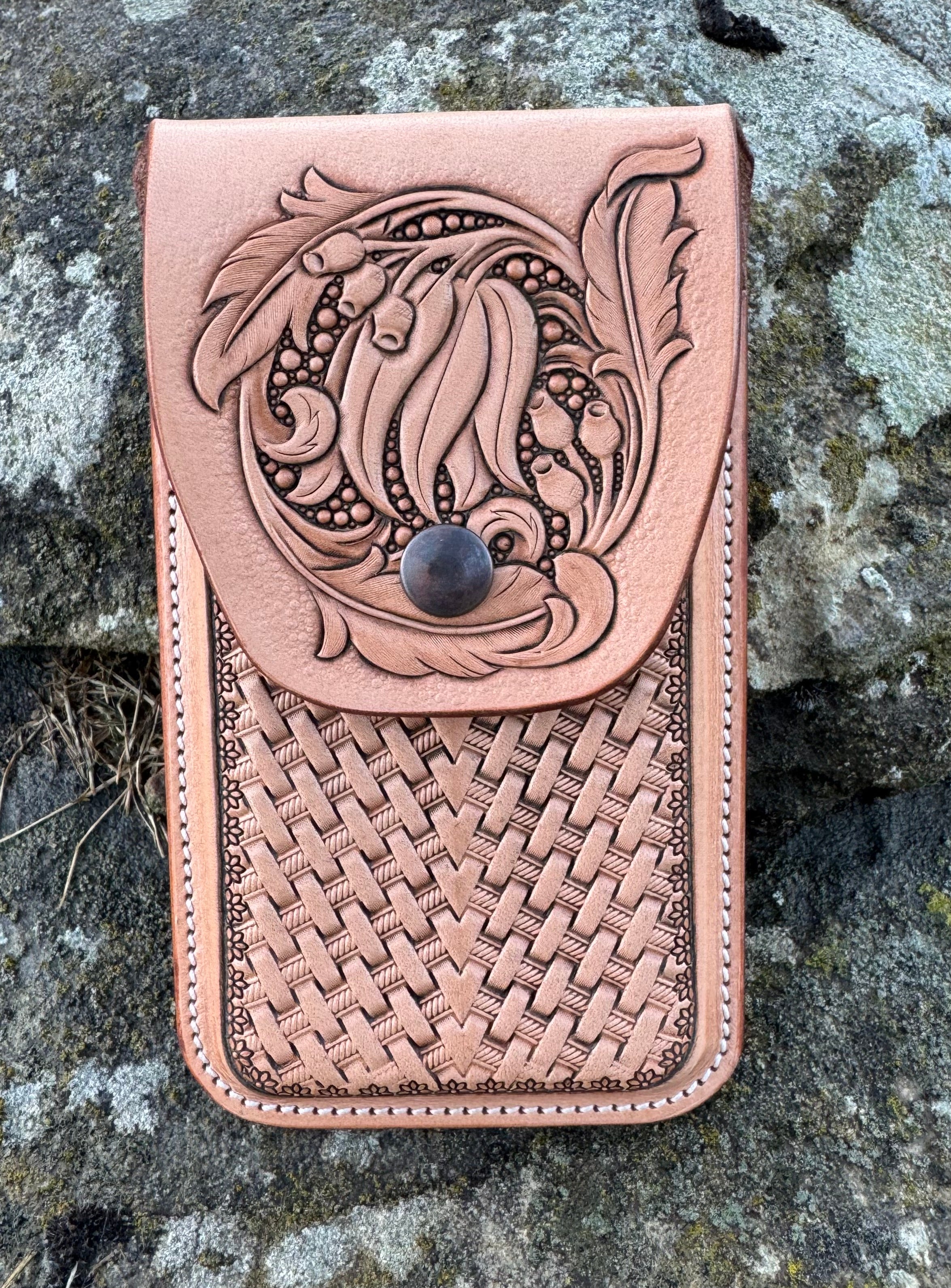 Phone Pouch - Gum Leaves and Feathers Carved