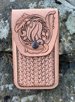 Load image into Gallery viewer, Phone Pouch - Gum Leaves and Feathers Carved

