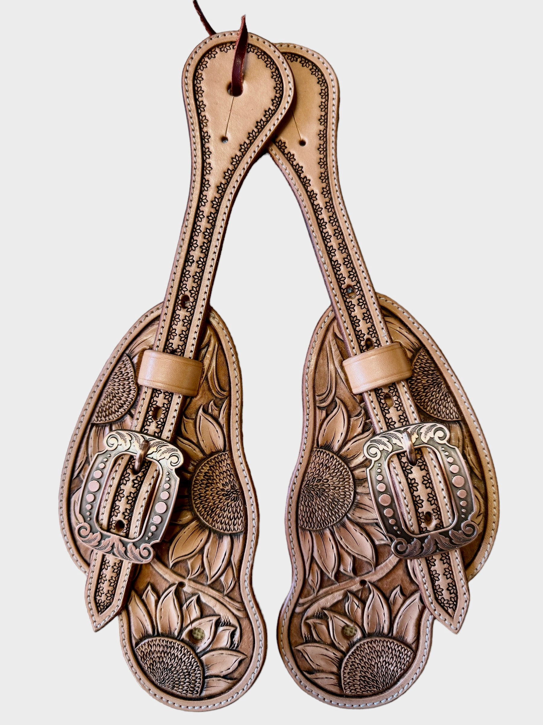 Buckaroo Style Spur Straps with Sunflower Carving #8