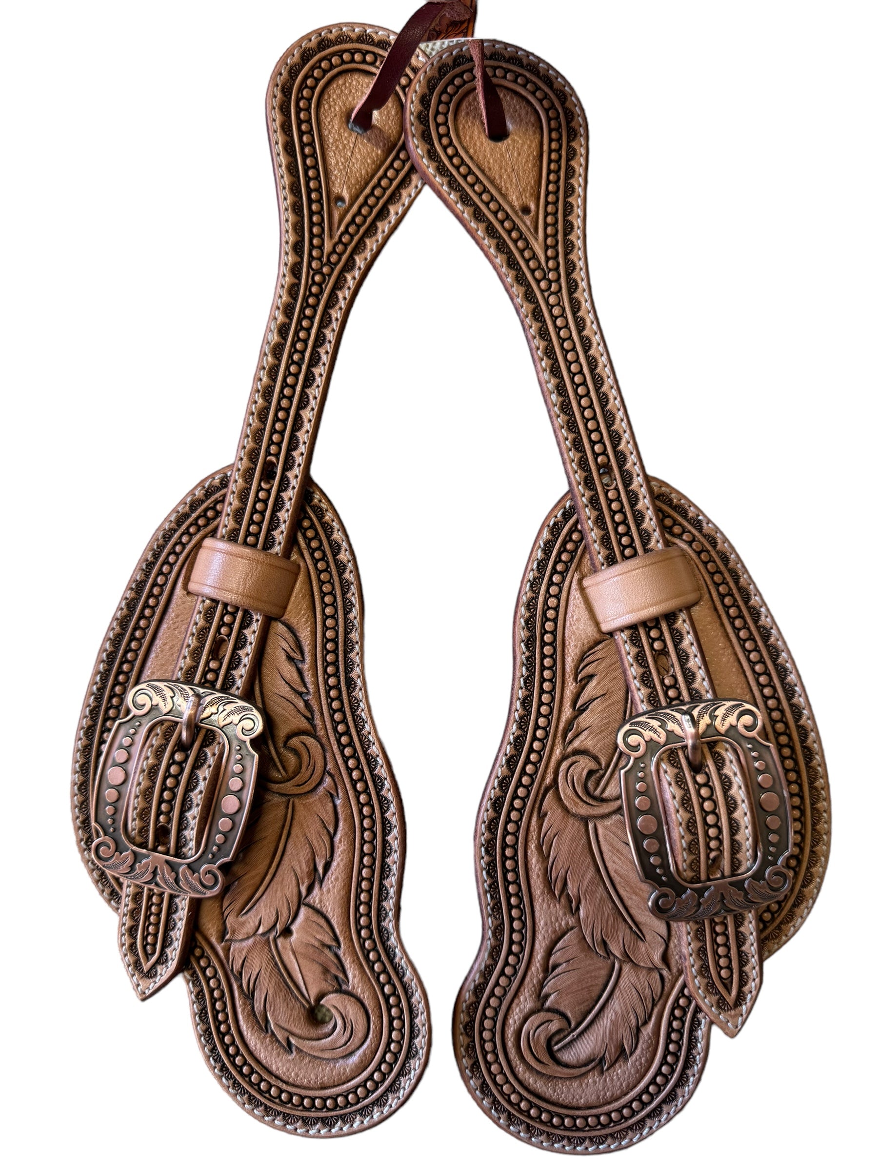 Buckaroo Style Spur Straps with Feathers and spot border
