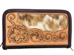 Load image into Gallery viewer, Wallet - Double Zipper with Floral Carving &amp; Cowhide Inlay

