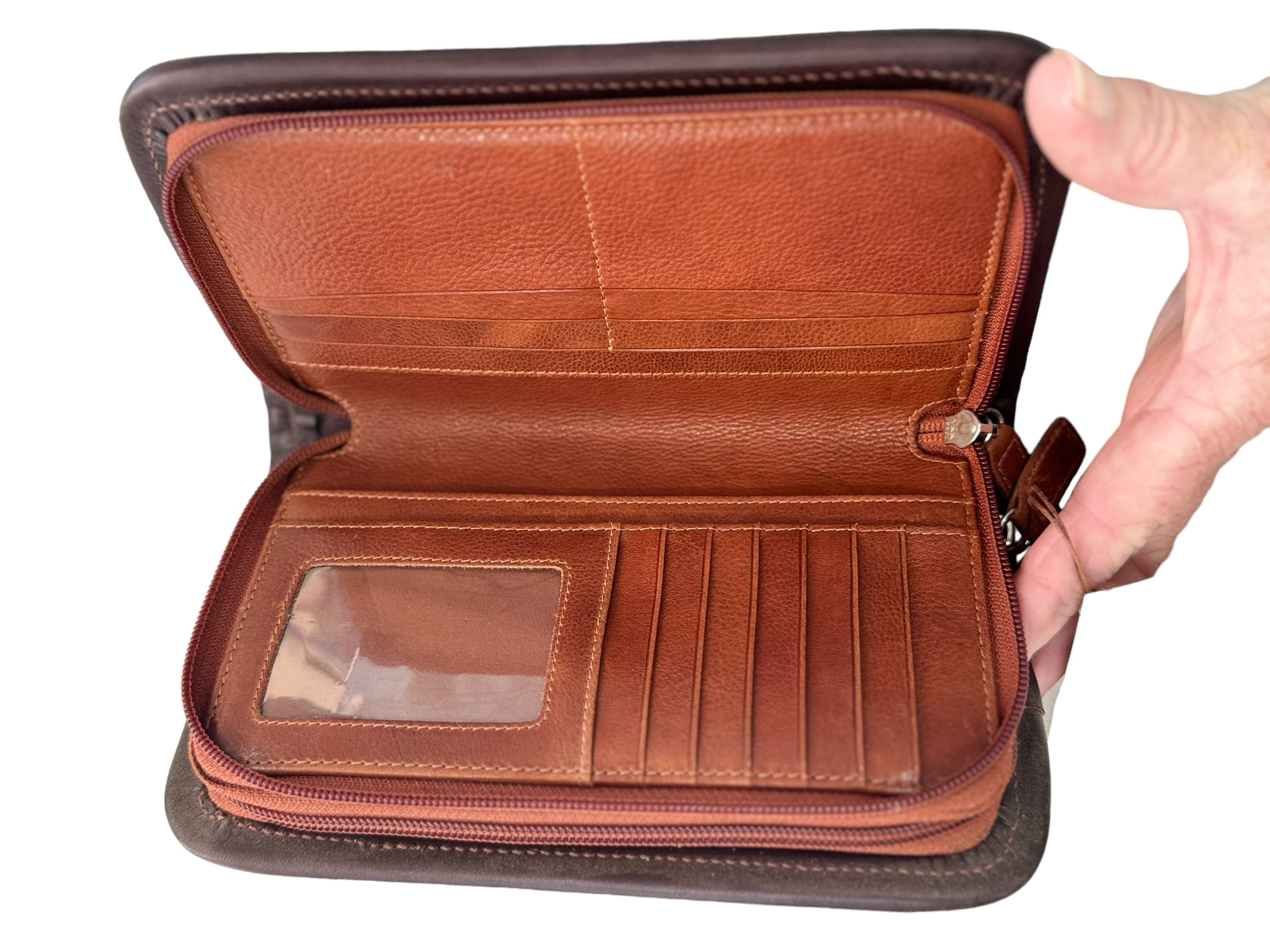 Wallet - Double Zipper with Floral Carving & Cowhide Inlay