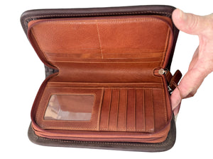 Wallet - Double Zipper with Floral Carving & Cowhide Inlay