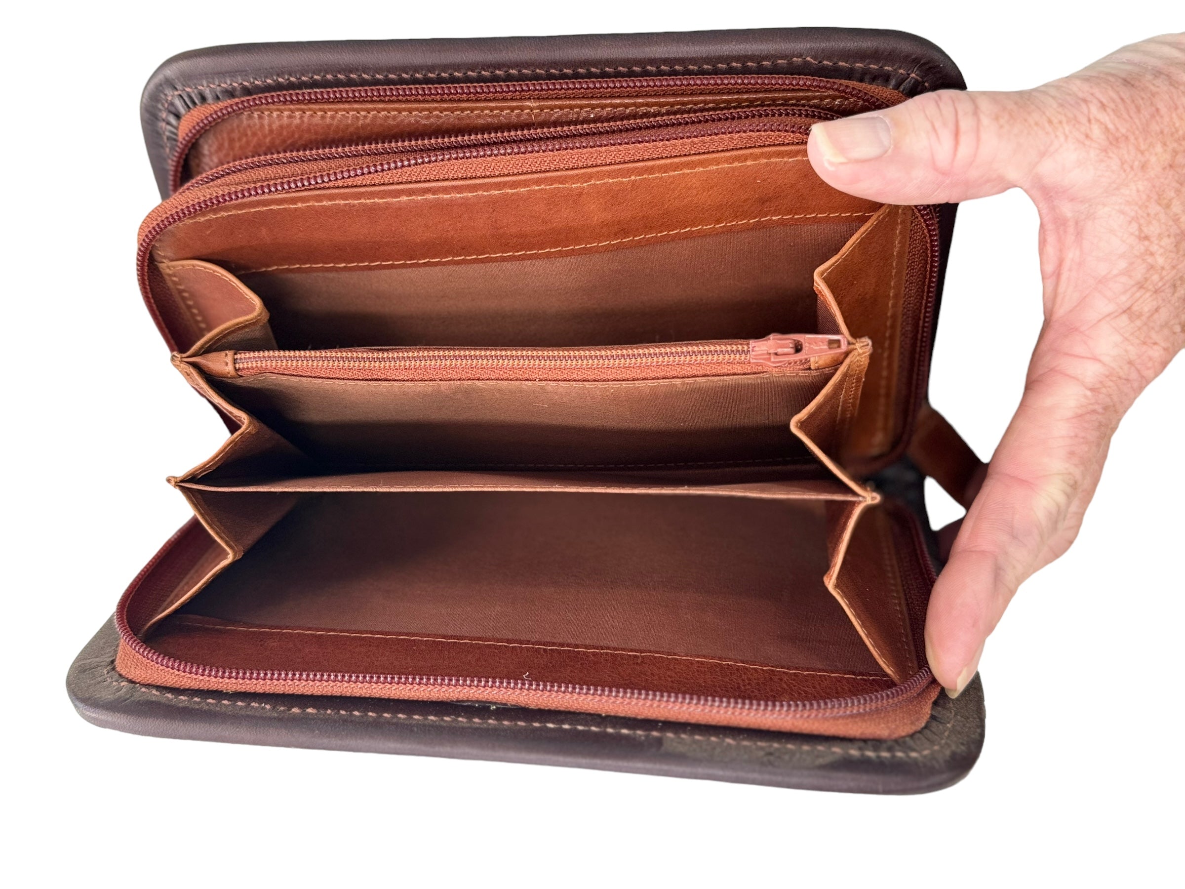 Wallet - Double Zipper with Floral Carving & Cowhide Inlay