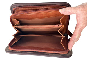 Wallet - Double Zipper with Floral Carving & Cowhide Inlay
