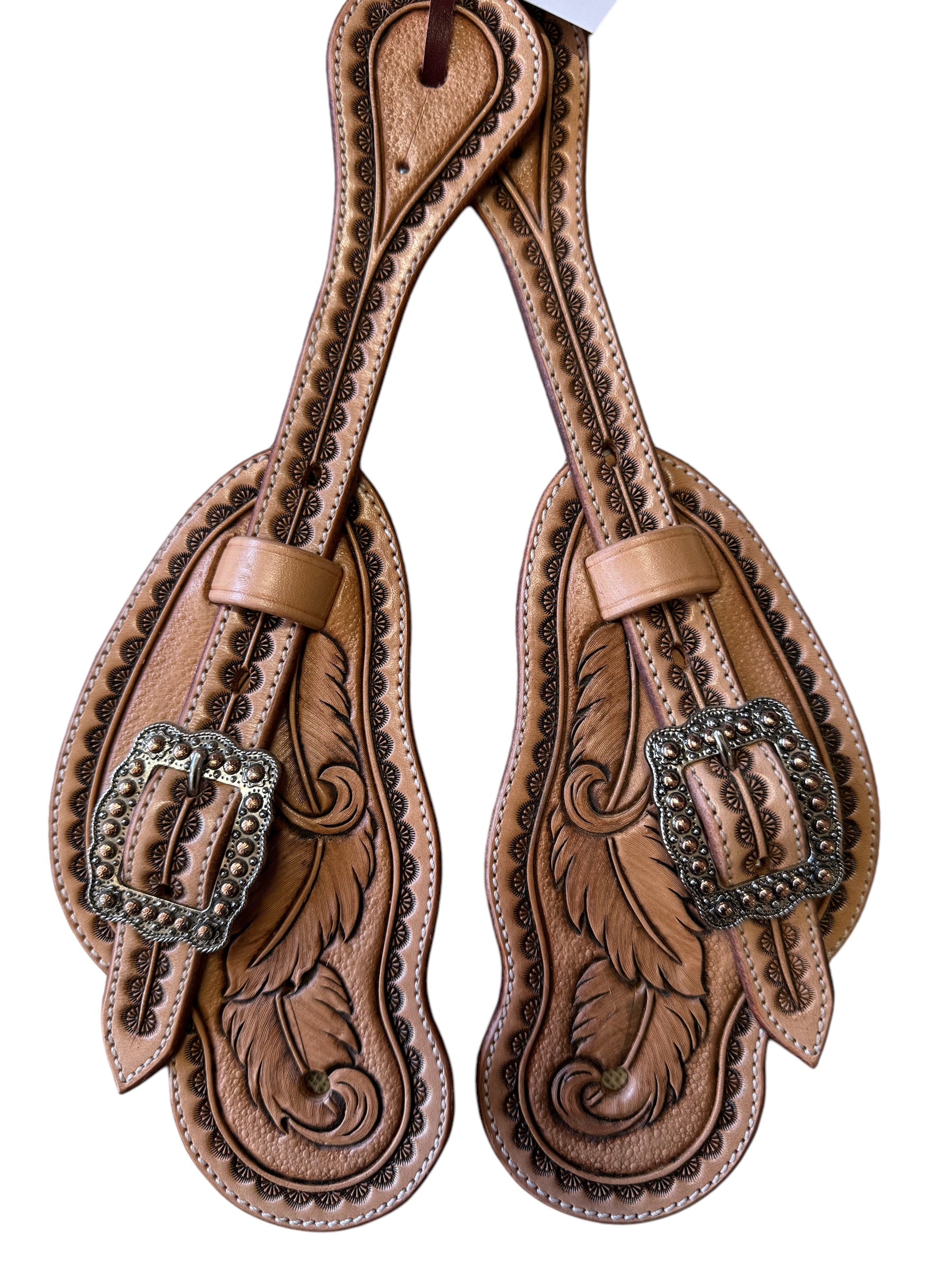 Buckaroo Style Spur Straps with Feathers and Floral Border