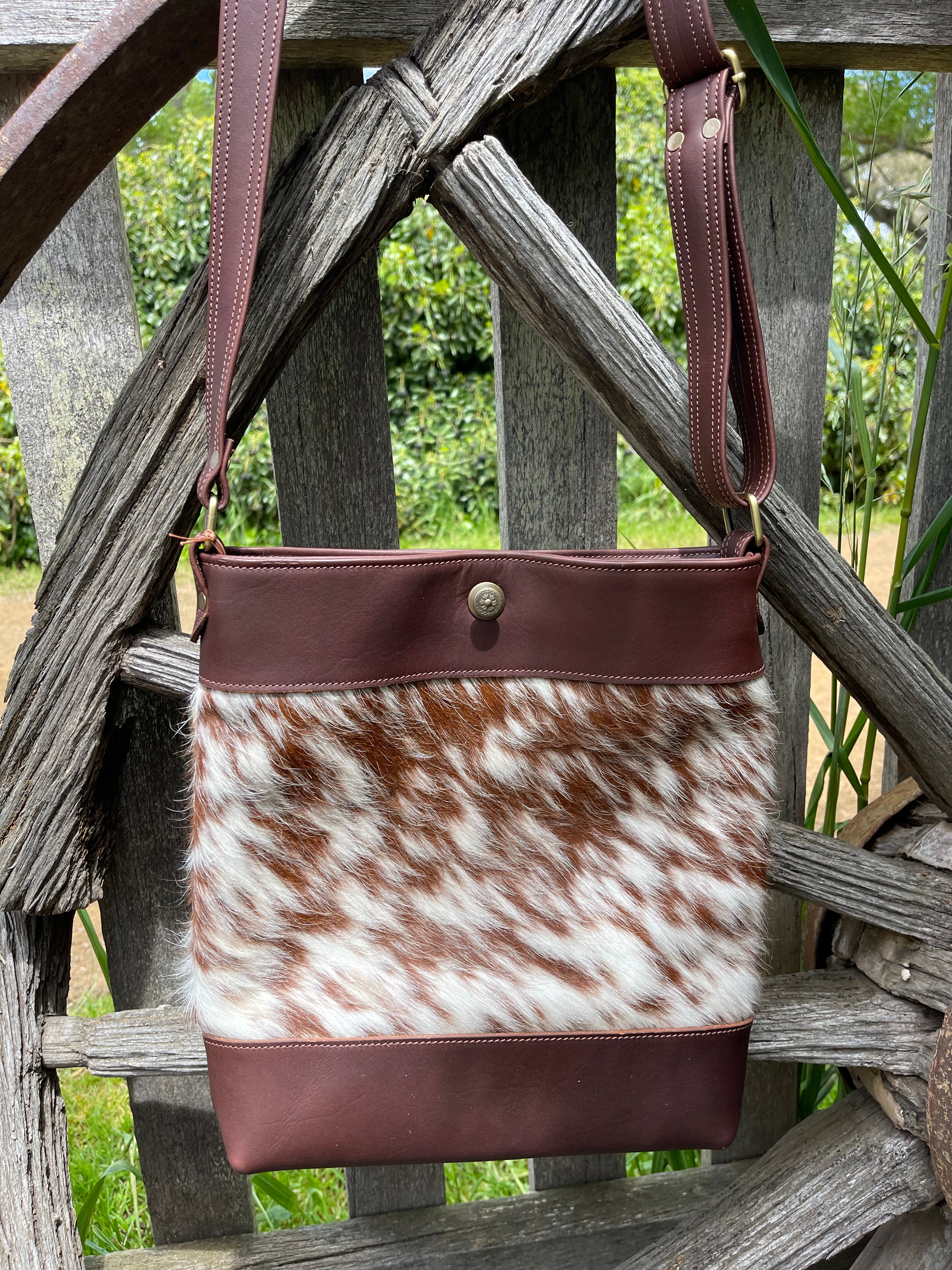 Coffee Leather and Brown & White Cowhide Crossbody Tote