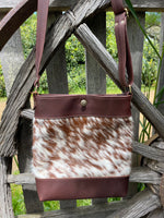 Load image into Gallery viewer, Coffee Leather and Brown &amp; White Cowhide Crossbody Tote
